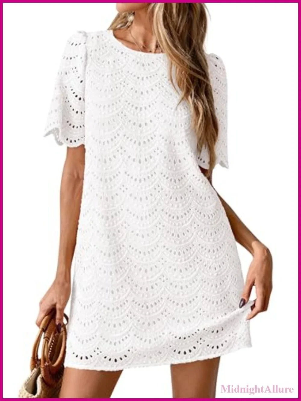 Embroidered Eyelet Cotton Shift Dress Short Sleeve Summer Mini Dress